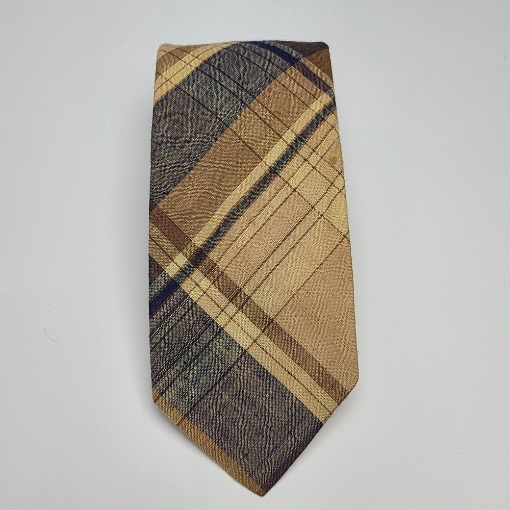 Robert Talbott Vintage Necktie Blue Brown Plaid Tartan Cotton 57"